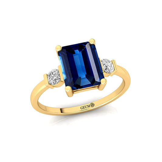 Natural Round Cut Lab Grown Blue Sapphire 2 Diamond 14k 18k Solid Gold Ring Wedding Engagement Party Rings OEM