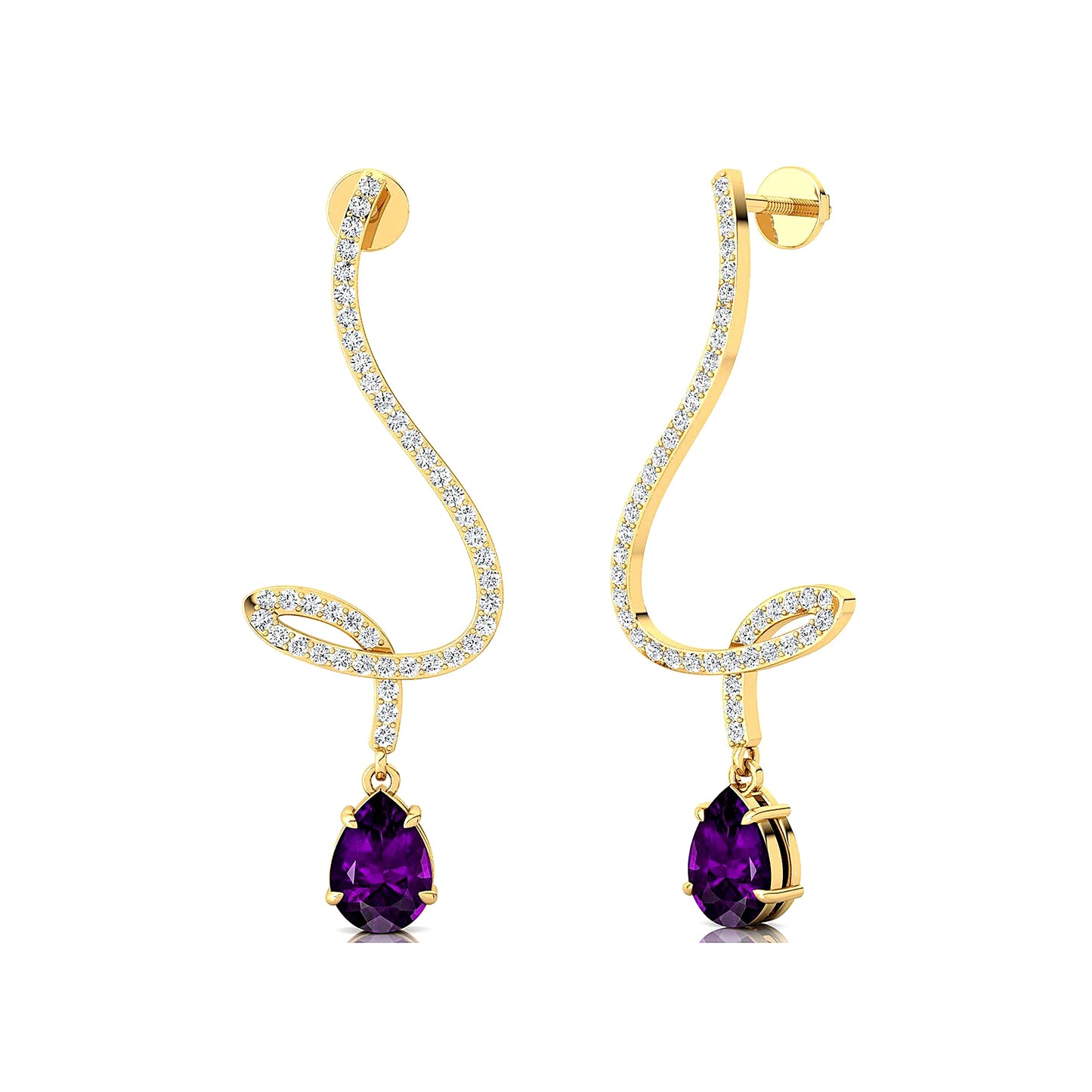 18k Solid Gold Natural Amethyst Gemstone Dangle Drop Earrings with Real White Natural Diamonds Fine Birthstone Wedding Gift