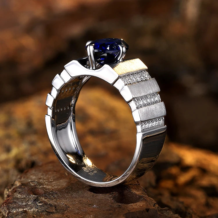 Gemfiori Anster Lab Created Sapphire Men Ring Lab Made Oval Cut Diamonds and Ring S925 Sterling Silver