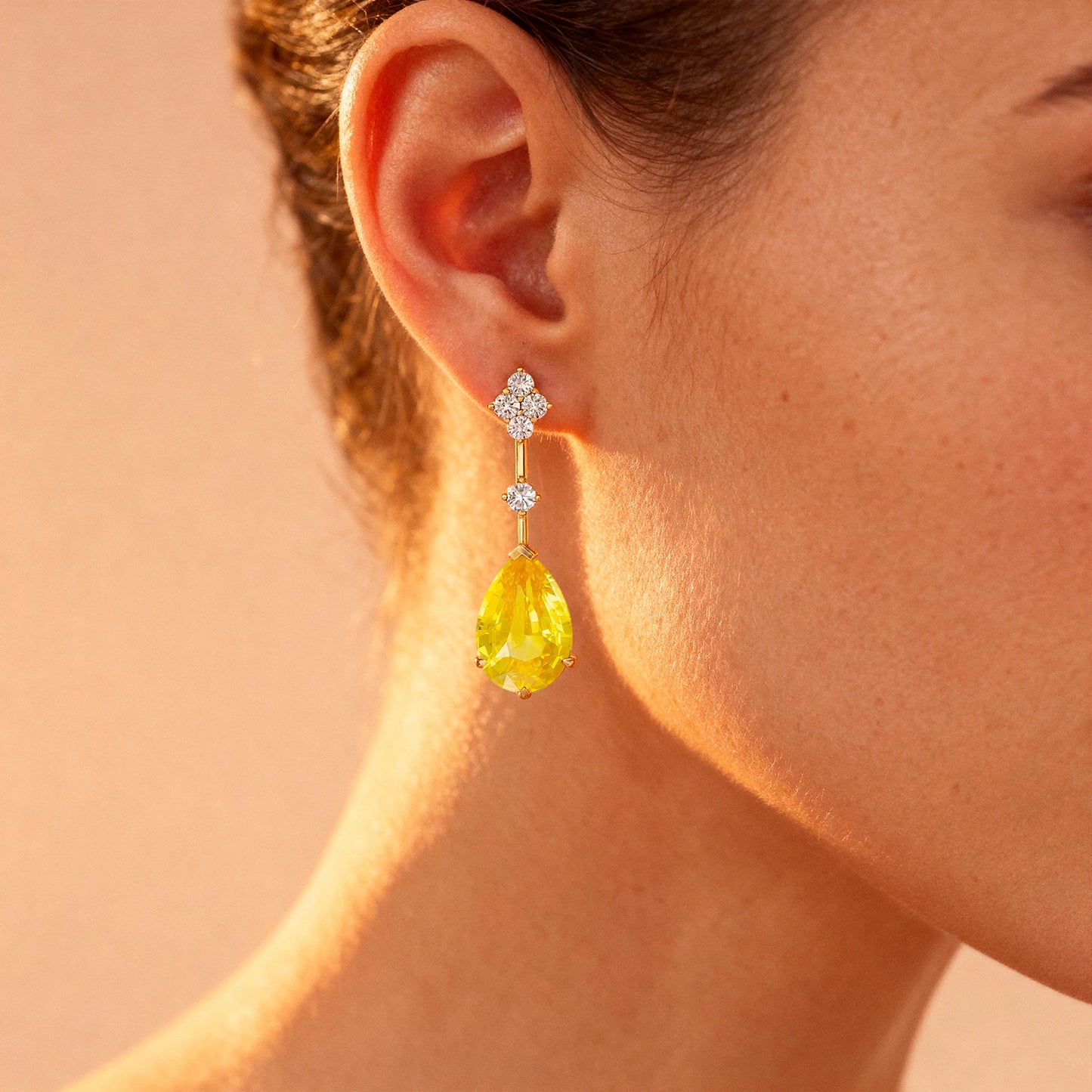 Solid Gold Lab Yellow Sapphire Gemstone & Real Diamonds Cute Stud Earrings for Women Party Gift Wholesale Valentine's Day