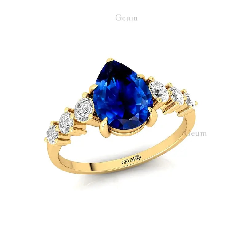 18Kt Gold Classic Lab Grown Blue Sapphire Gemstone Ring For Women Unique Design Diamond Band Wedding Party Wear Rings Jewelry