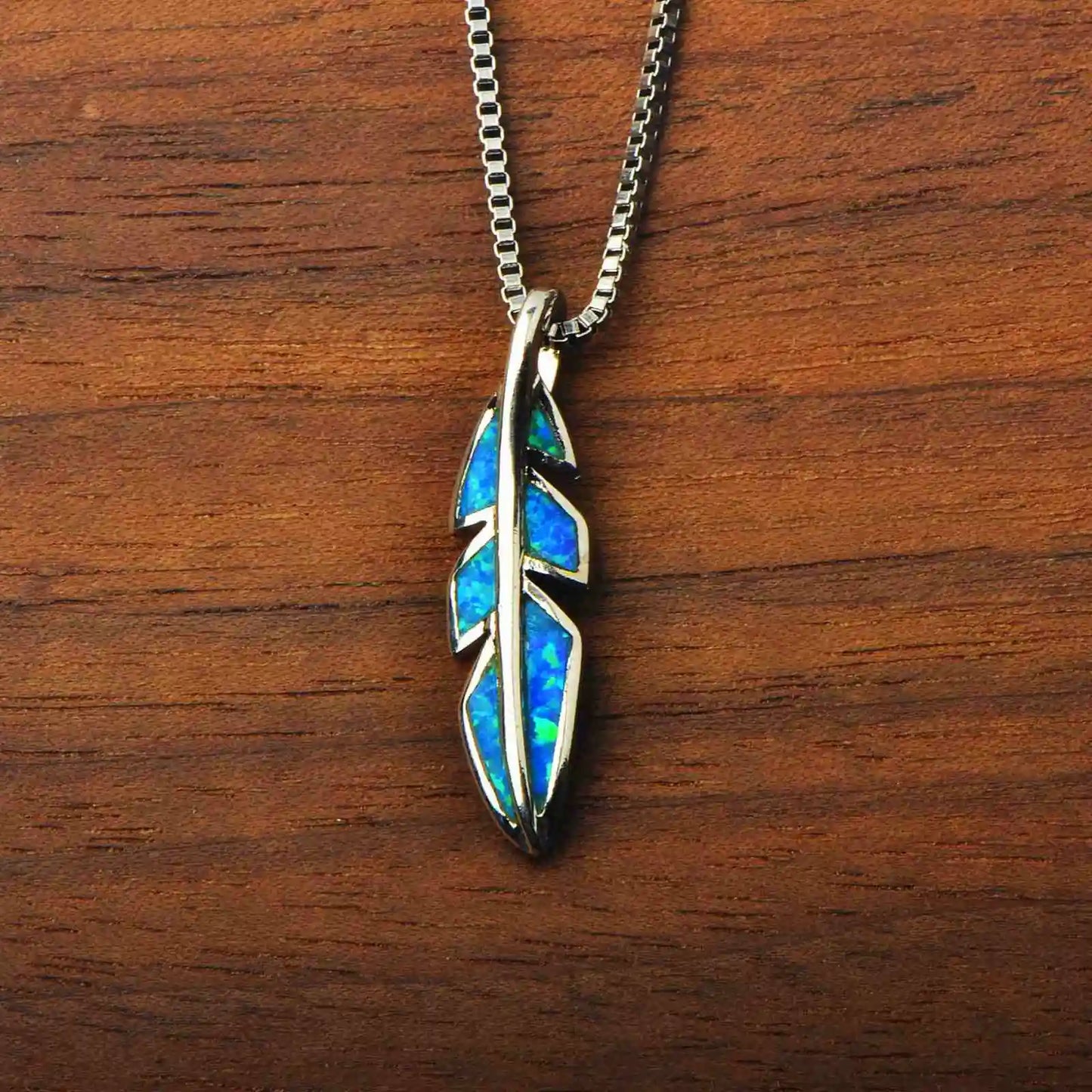 Marine Ray Copper Opal Pendant Necklace-Blue Fire Opal Inlaid Feather Design Link Chain | Coastal Nature Jewelry Bulk Gifts