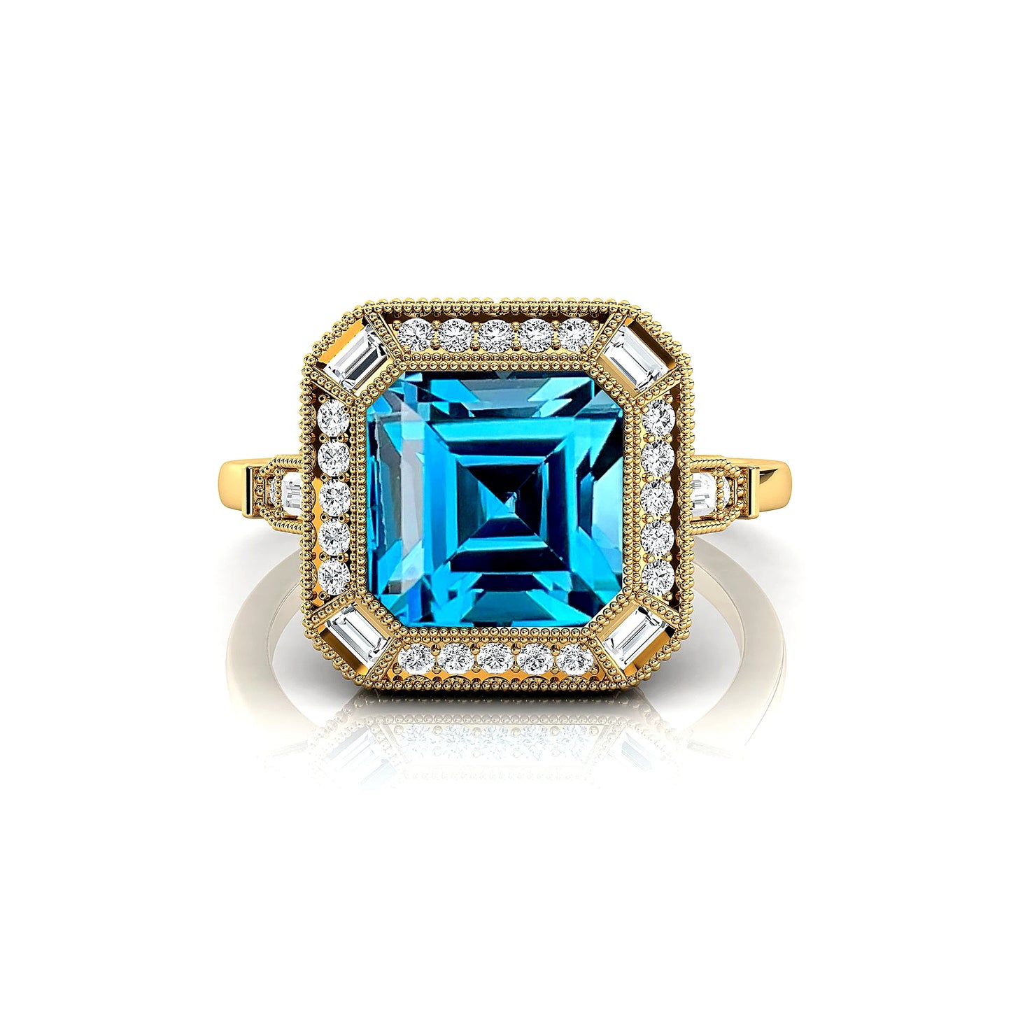 Antique Design Natural London Blue Topaz Gemstone Ring Solid 18k Pure Gold Handmade Solitaire Halo Rings For Engagement Gift