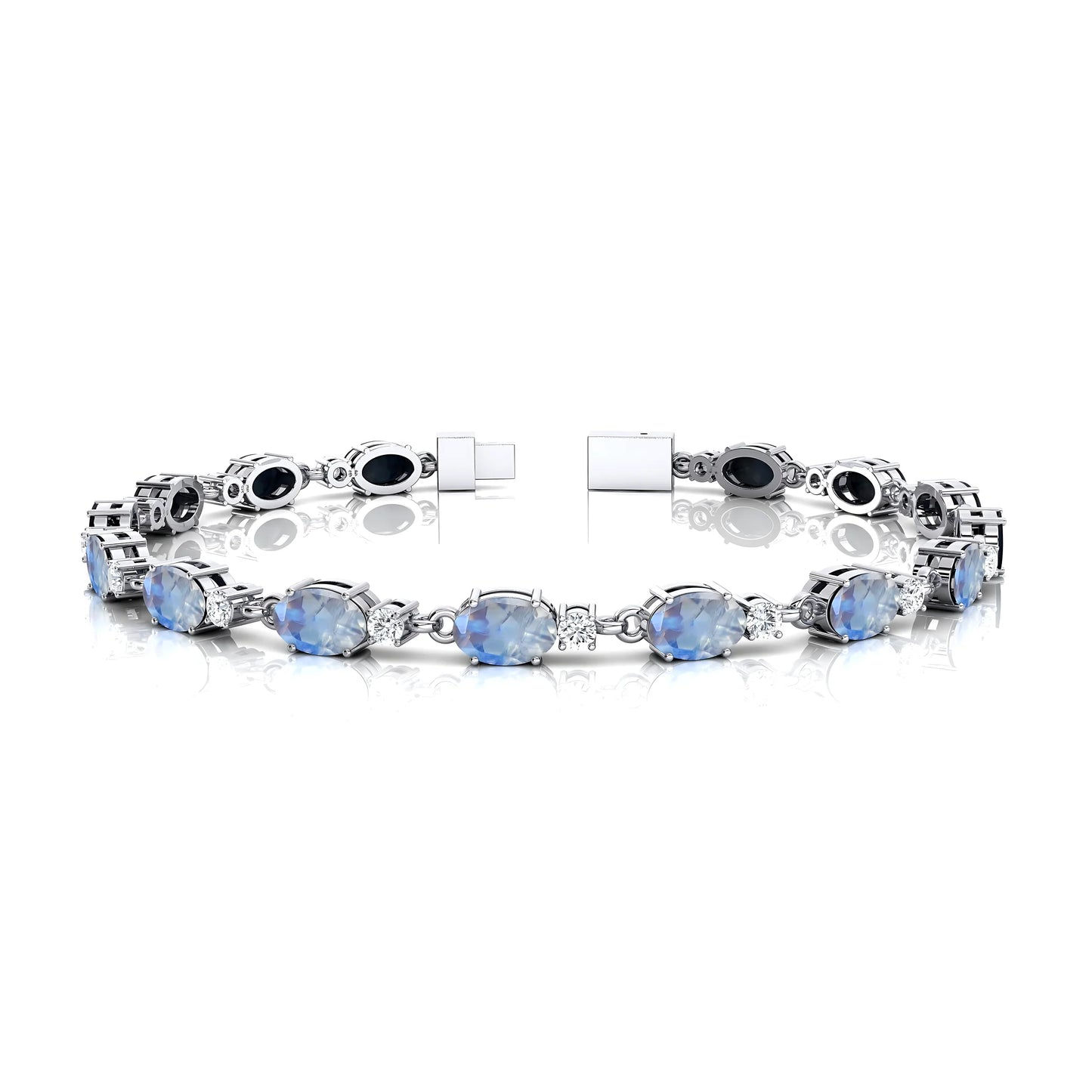 Natural Oval Shape Rainbow Moonstone Tennis Bracelet 14K Gold Prong Set Wedding Gift Luxury Party