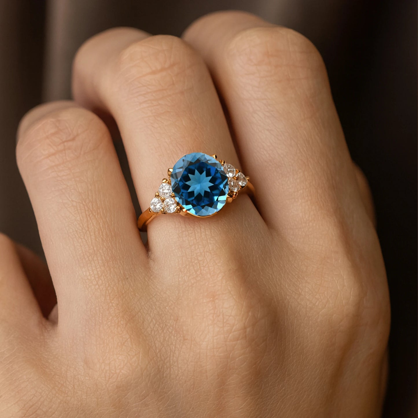 Solid 14k Gold Classic Unique Oval Shape Natural London Blue Topaz Gemstone Real Diamond Cluster Pave Setting Premium Designer