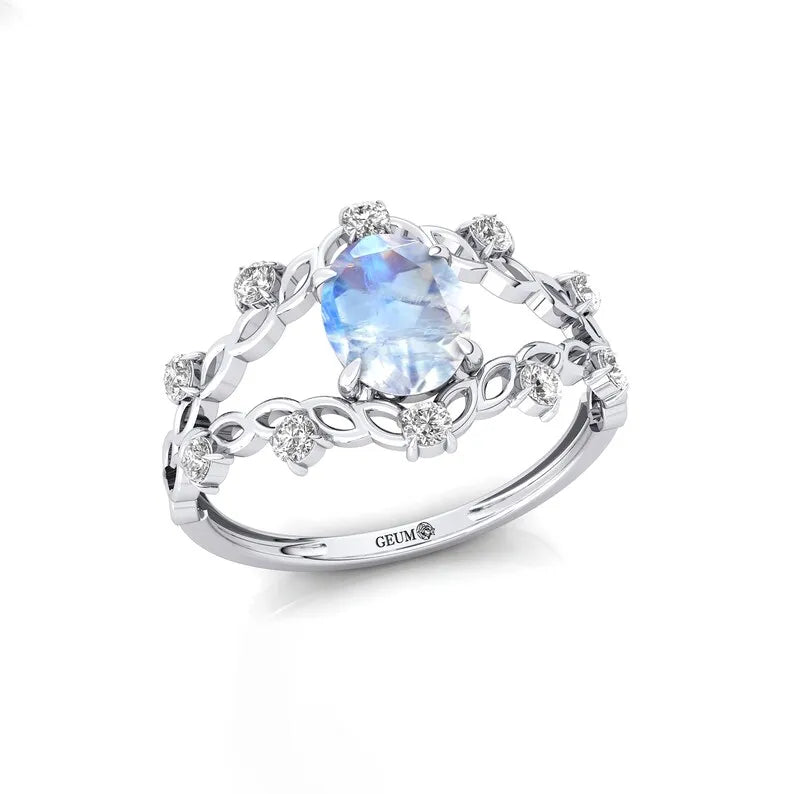 Natural Rainbow Moonstone Oval Faceted Cut Gemstone Wedding Ring 14k Pure Gold Adorned Natural Diamonds Luxurious Gift for Her