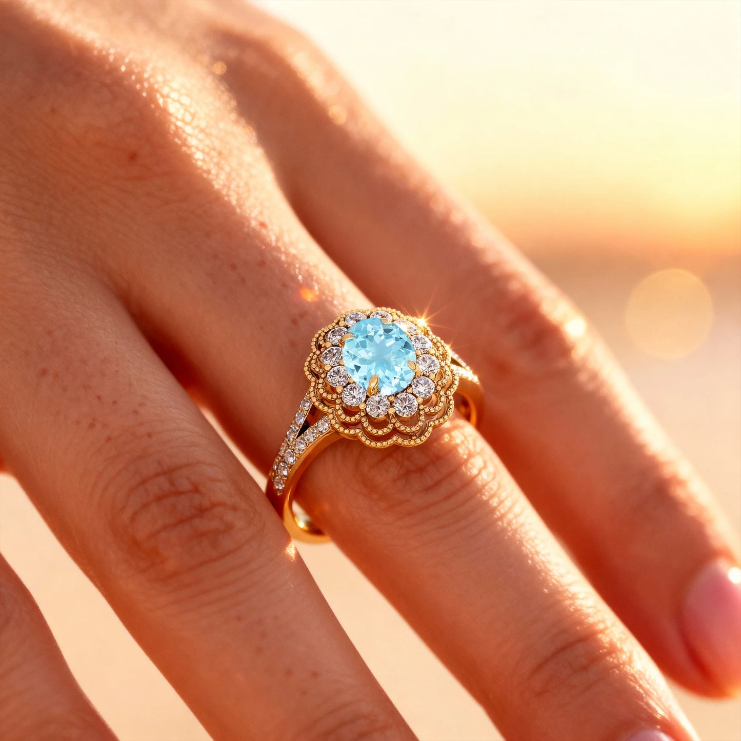 Flower Cluster Original Blue Aquamarine Oval Cut Diamond Promise Ring 14K Gold Rhodium Plated Wedding Engagement Party Gift