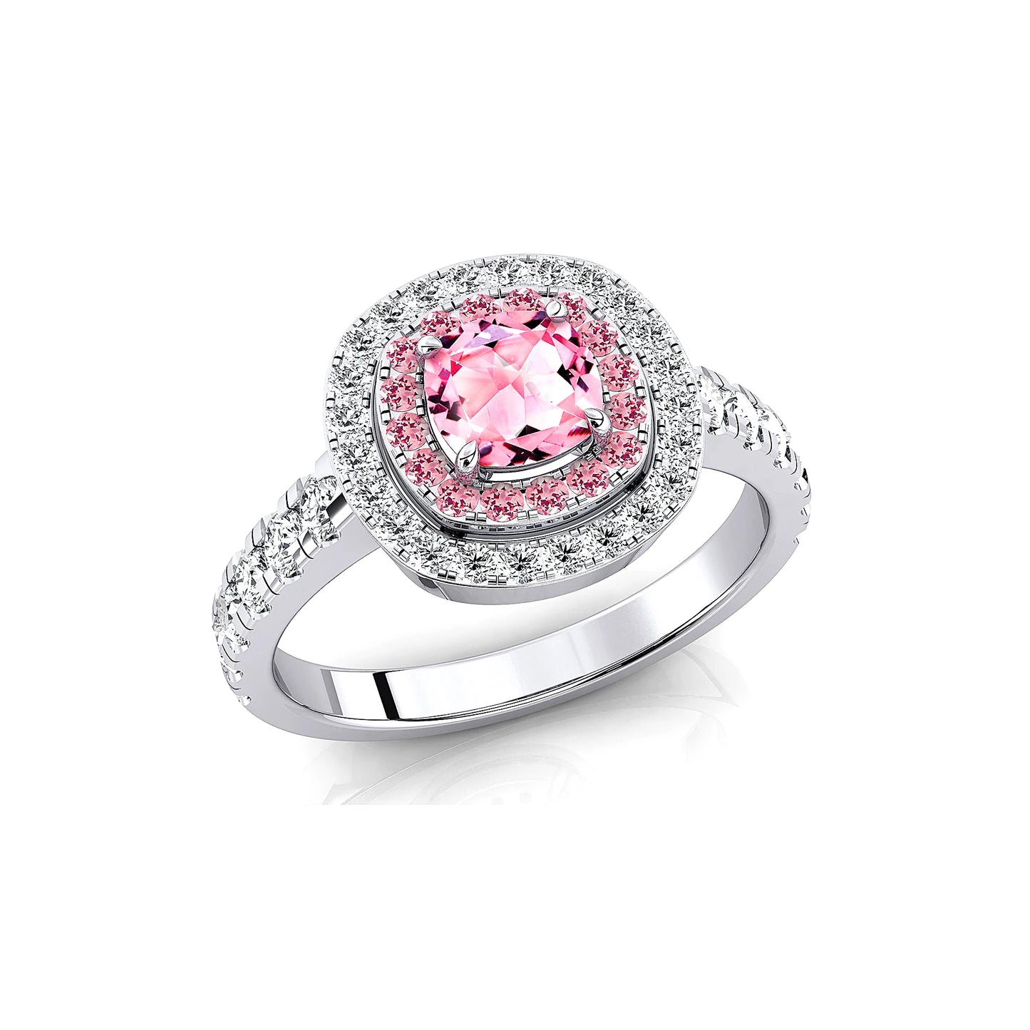 18K Solid Gold Rhodium Plated Cluster Halo Rings with Natural Morganite Gemstone and Real Diamonds Statement Wedding Fine Ring