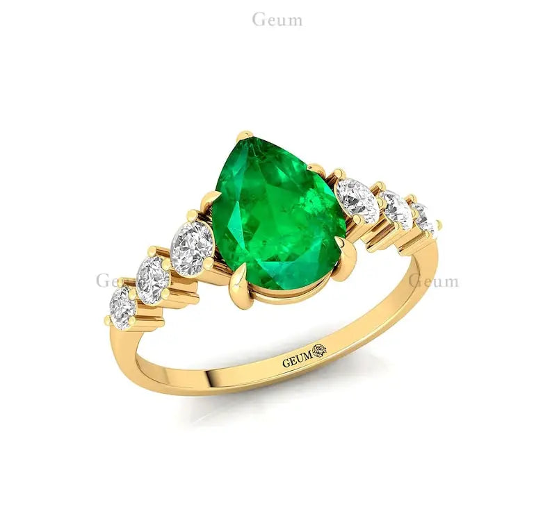 Luxurious 14k Gold Jewelry Unique Round Cut Lab Grown Emerald Gemstone Ring Genuine Diamonds Wedding Anniversary Party Wear Ring