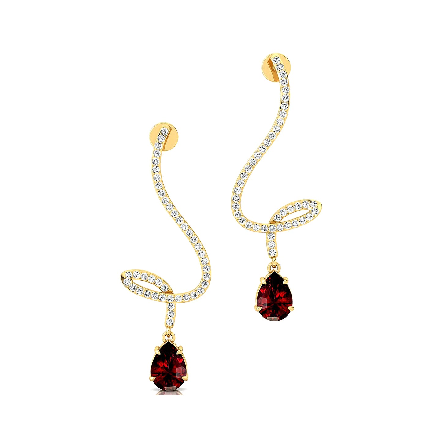 Natural Garnet Gemstone Real Spiral Diamonds Long Dangling Drop Earrings 18K Solid Gold Rhodium Plated Wedding Gift For Her