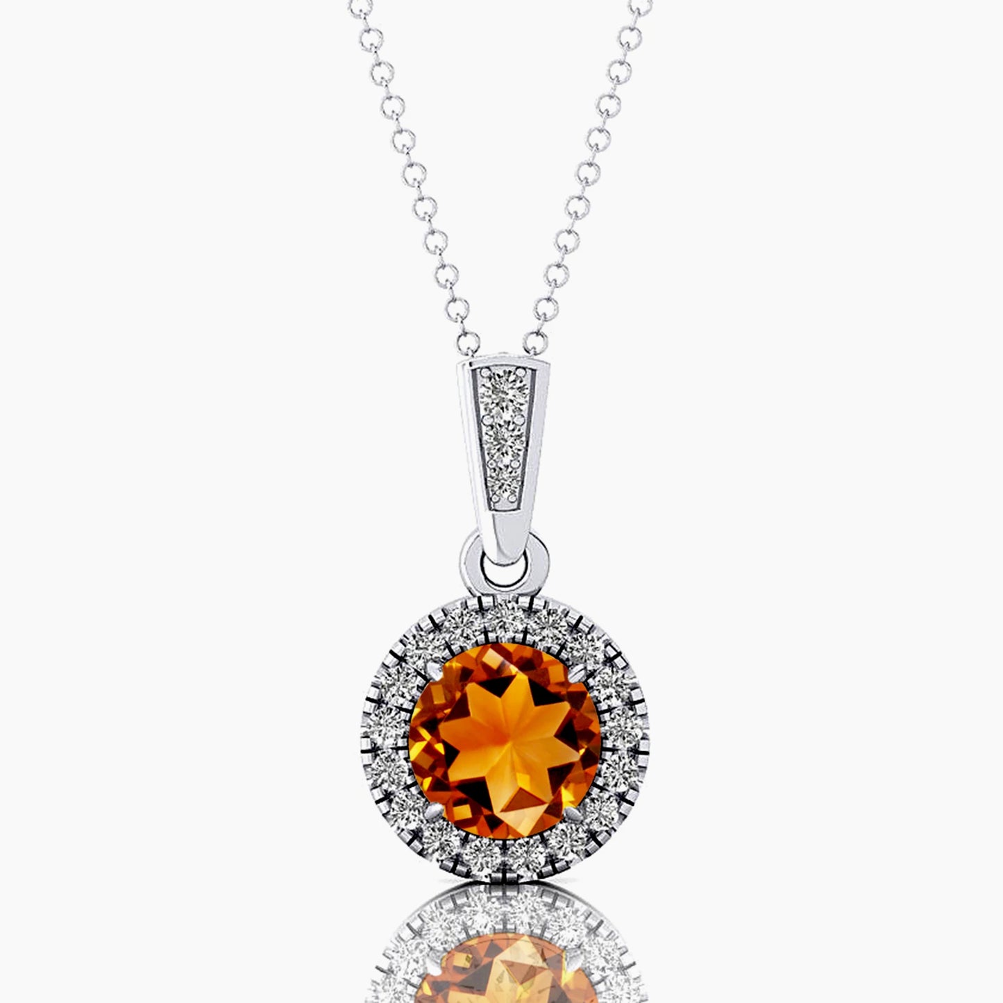 Classic Cute Design Cut Citrine Gemstone Halo Solitaire Charm's Pendant Necklace 14K Solid Gold Rhodium Plated Natural Diamonds