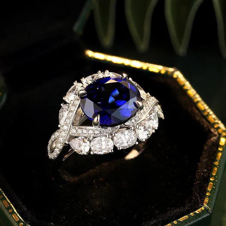 Gemfiori Anster Oval Cut Lab Made Diamonds and Ring S925 Sterling Silver Lab Created Blue Sapphire Women Ring