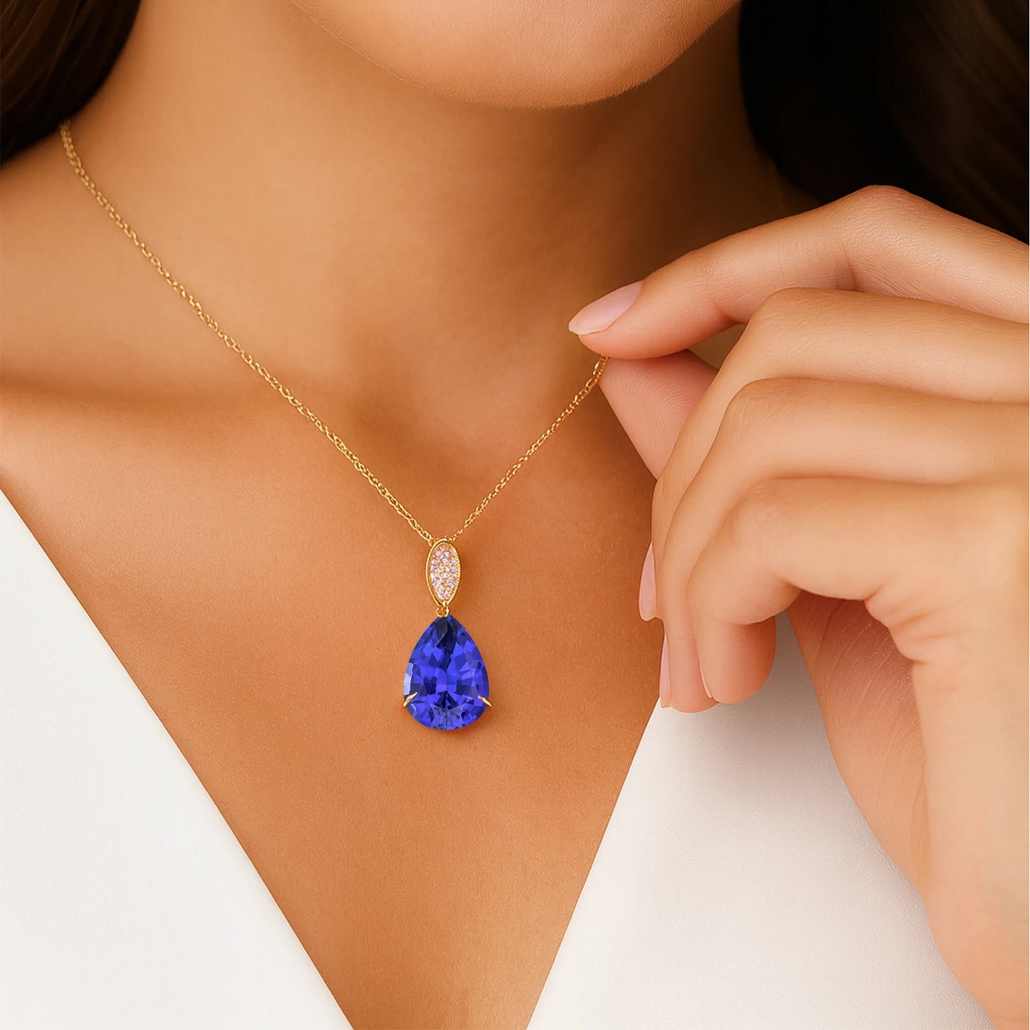 Luxurious Solid 14K Rose/Yellow/White Gold Cute Teardrop Charms Pendant Necklace Natural Tanzanite Stone Real Diamonds Pendant