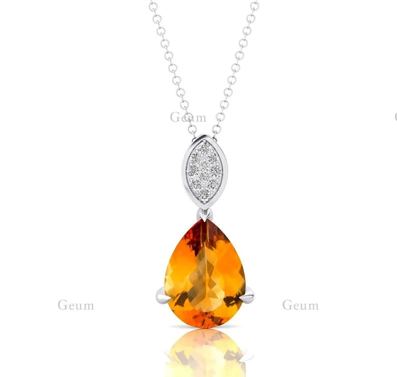 100% Natural Citrine Gemstone Cute Design Tear Drop Pendants Solid Gold Rhodium Plated Prong Set Wholesale Diamond Necklace