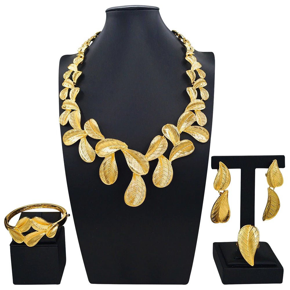 Zhuerrui Italian Gold Plated Jewelry Set for Women Leaf Shape Textured Pattern Necklace Earrings Bracelet Ring Party I0000420