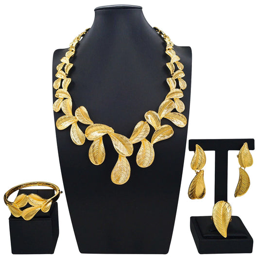 Zhuerrui Italian Gold Plated Jewelry Set for Women Leaf Shape Textured Pattern Necklace Earrings Bracelet Ring Party I0000420