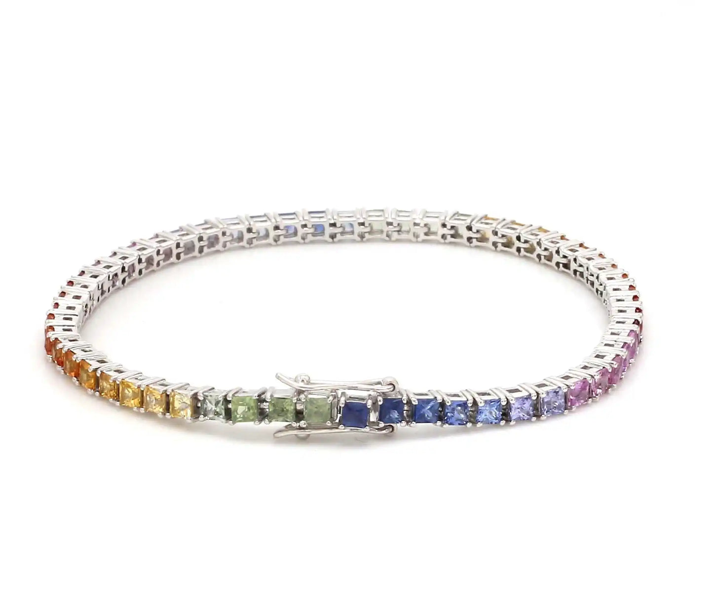 14k Pure Gold Princess Cut Rainbow Sapphire Natural Gemstone Tennis Chain Dainty Classic Beaded Luxury Bracelets for Party Gift