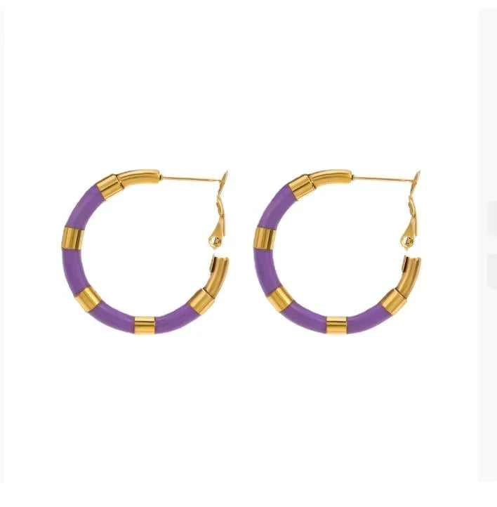 Colorful Oil-Dripping Stainless Steel Hoop Earrings Unique Simple Geometric Round Design 18K Gold-Plated for Ladies