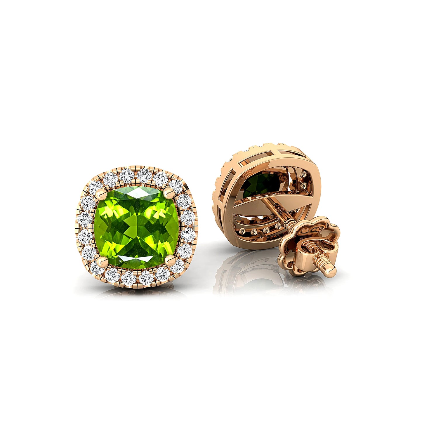 Pure 18k Solid Gold Solitaire Stud Earrings Cute Natural Peridot Gemstone & IGI Certified White Diamond Halo Wedding Earrings