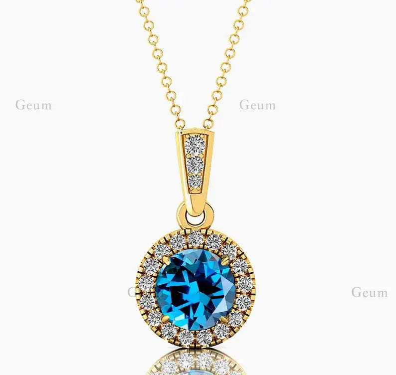 Exquisite Halo Style Natural London Blue Topaz Gemstone & Genuine Diamonds 14k White Gold Charm Pendant Necklace For Mother Gift