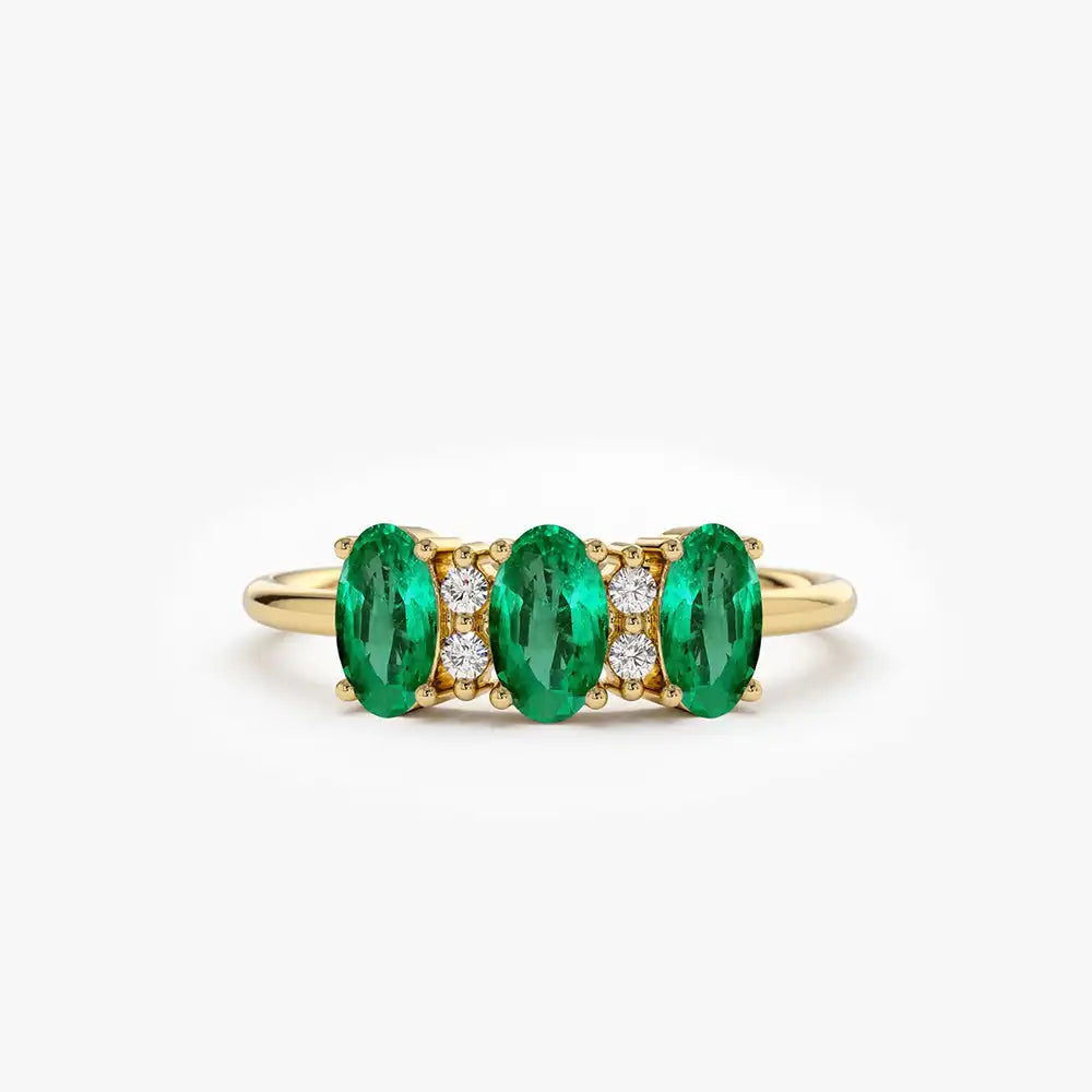 Oval Cut Triple Natural Emerald Stone & Round Cut Diamond Ring 14k Pure Gold Beautiful Engagement Wedding Rings Fine Jewelry RTS