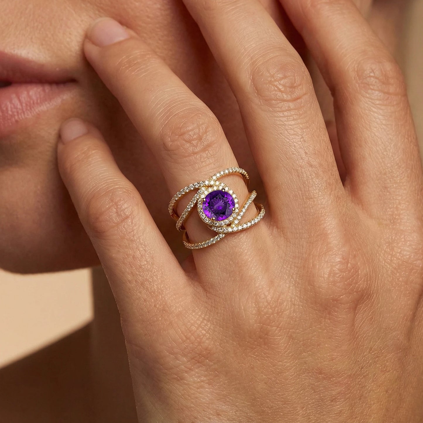 18k Solid Gold VS Wedding Party Statement Cocktail Ring Natural Amethyst Gemstone Real Diamonds Rhodium Plated Prong Setting ODM