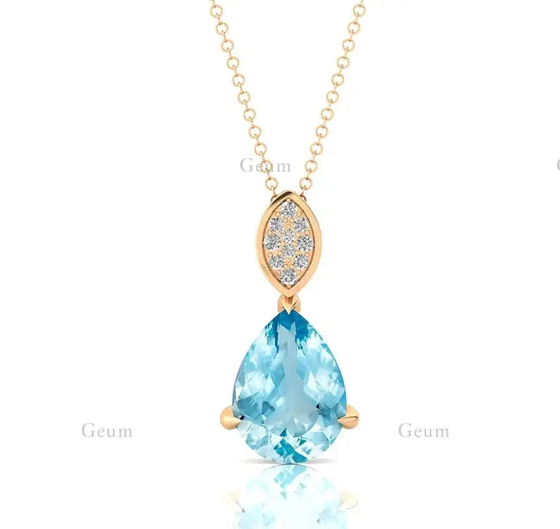 Natural Aquamarine Gemstone 14k Solid Gold Handmade Cute Rhodium Plated Teardrop Pendant Necklace Wholesale Supplier Jewelry