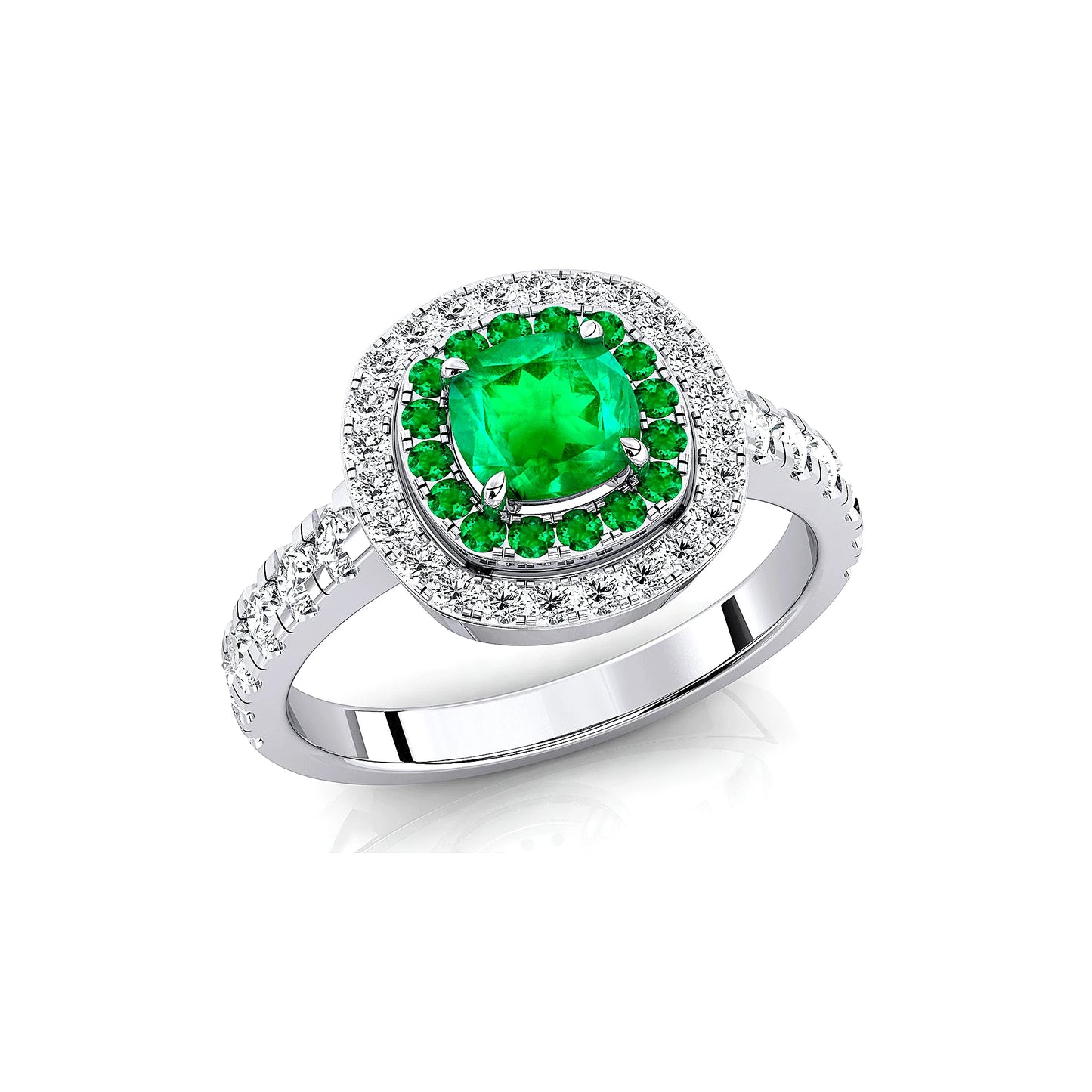 Lab Grown Emerald Gemstone Wedding Rings with Real White Diamonds Cushion Cut Halo Design Premium 18k Solid Gold Rhodium Plated