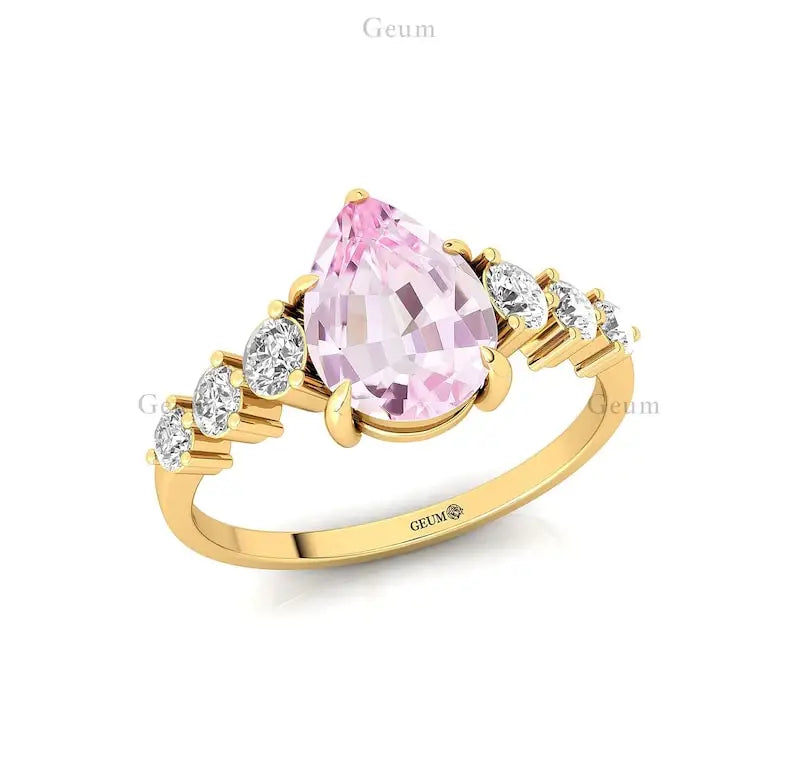 Natural June Birthstone Precious Morganite Gemstone Cluster Rings 14k Solid Gold Natural Certified Diamond Classic Party Jewelry