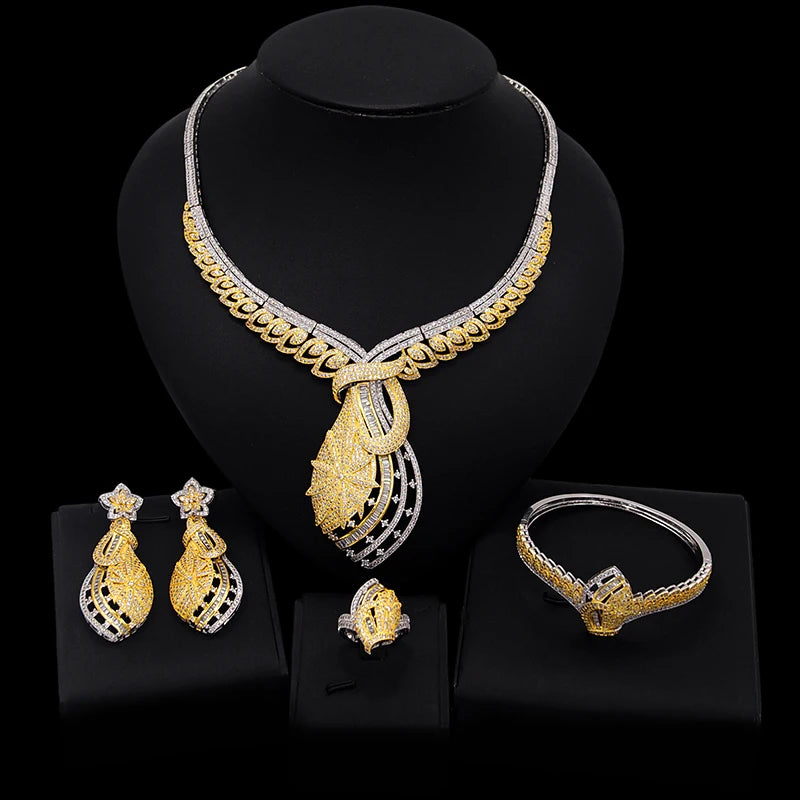 Zhuerrui Cubic Zirconia Costume Jewelry Set Dubai Ladies Brass Necklace Bracelet Earring Ring Wedding Jewelry Sets HZ201101126