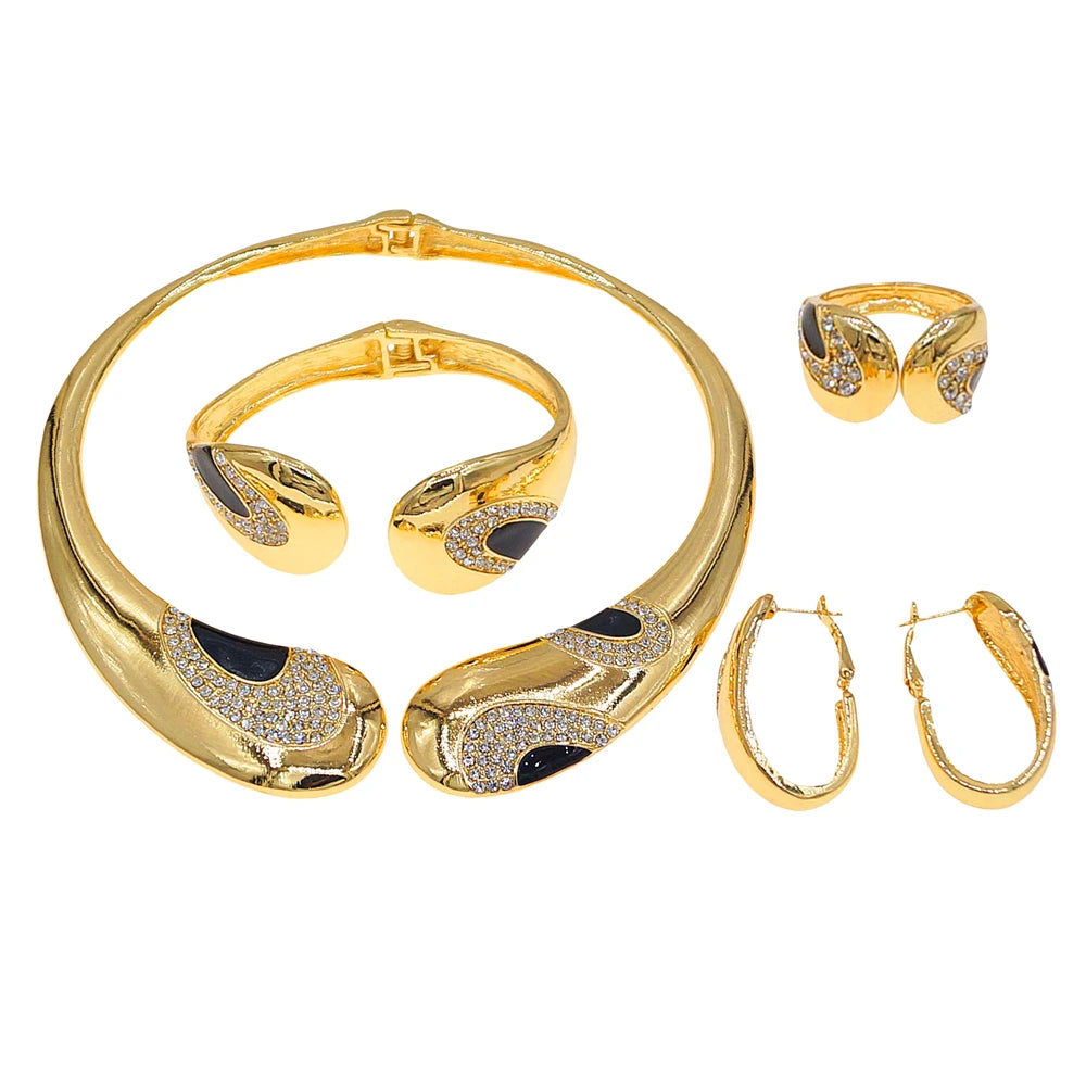 Zhuerrui Dubai Gold Plated Jewelry Set Curved Black Onyx Crystal Necklace Earrings Bracelet Ring Evening Accessory I0002520