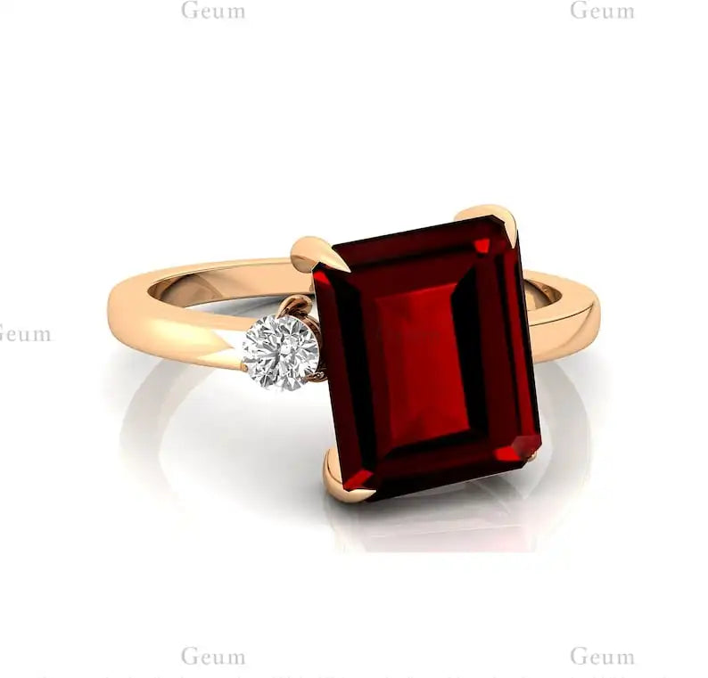 Emerald Cut Red Garnet Gemstone Solid Gold Rhodium Plated Ring Brilliant Cut Diamond Luxury Engagement Wedding Party Gift