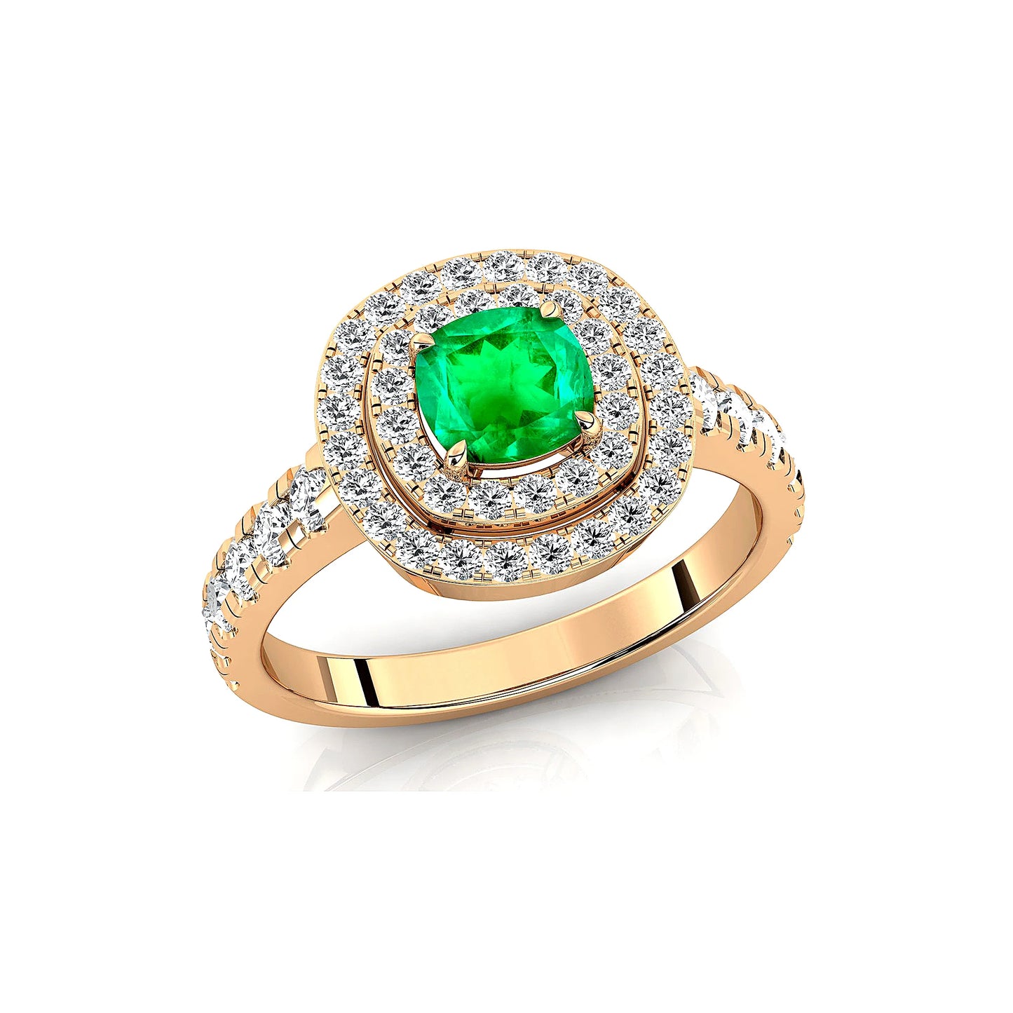 Lab Grown Emerald Gemstone Wedding Rings with Real White Diamonds Cushion Cut Halo Design Premium 18k Solid Gold Rhodium Plated