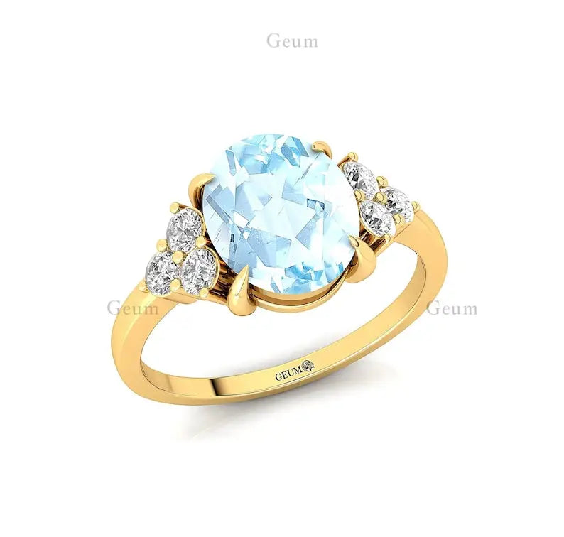 Latest Design Handmade Natural Aquamarine Gemstone Real Diamond Halo Solitaire Rings 18k Solid Gold Prong Setting Ring Jewelry