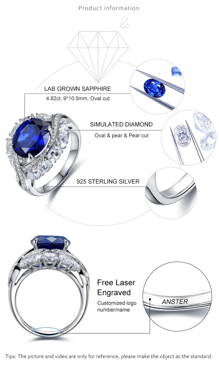 Gemfiori Anster Oval Cut Lab Made Diamonds and Ring S925 Sterling Silver Lab Created Blue Sapphire Women Ring
