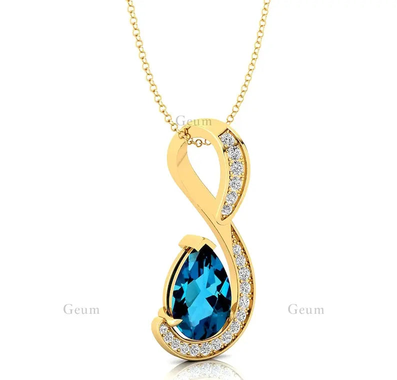 Natural London Blue Topaz Gemstone 18Kt Yellow Gold Charm's Pendant Necklace Real Diamonds Cute Rhodium Plated Fine Jewelry