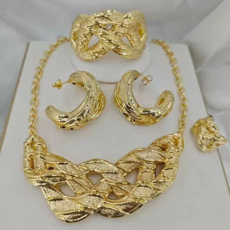 Zhuerrui Braided Textured Gold Plated Jewelry Set Chunky Twisted Necklace Hoop Earring Bangle Ring Nigerian Wedding Jewel HK0216