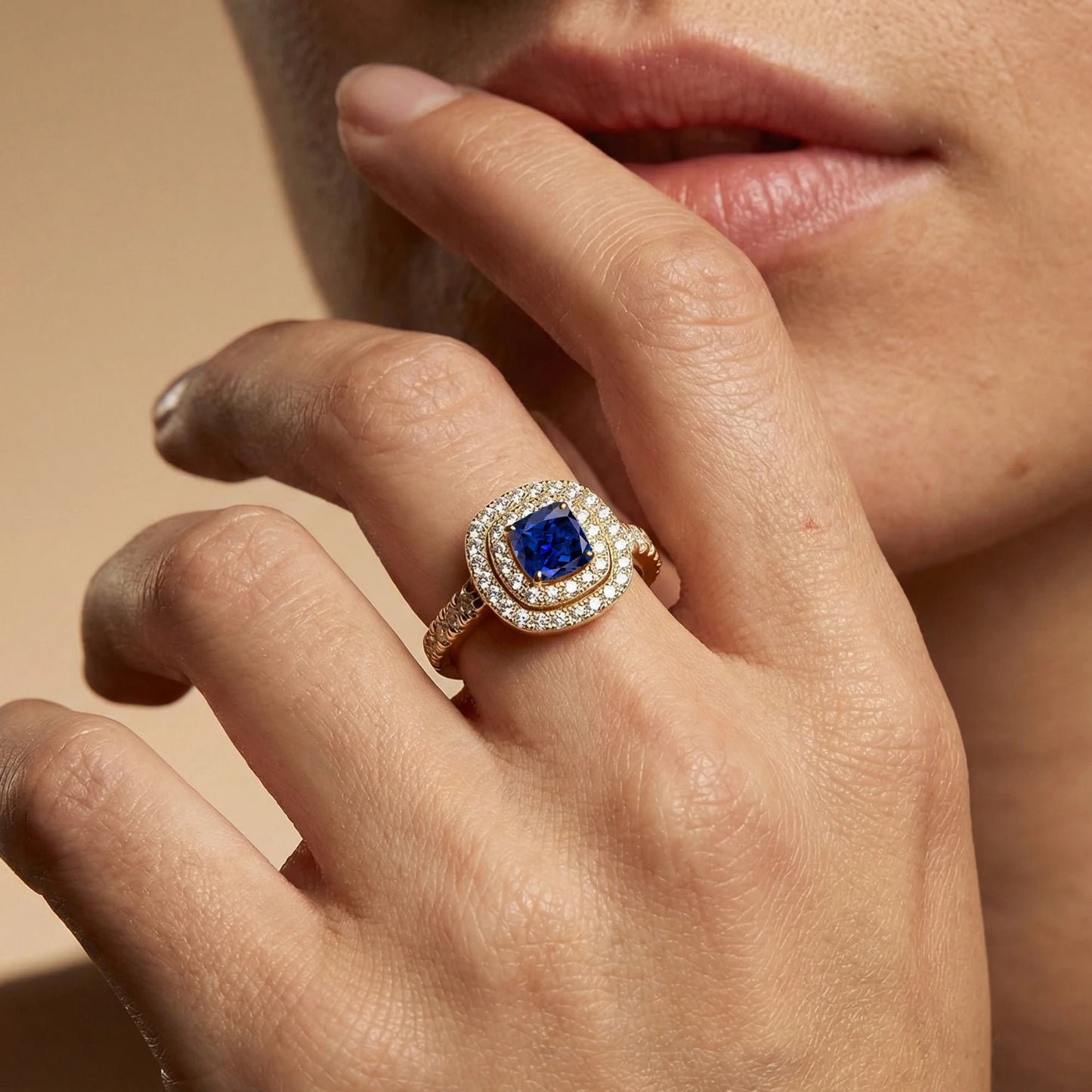 18kt Solid Gold Lab Grown Blue Sapphire Gemstone Real Diamond Rhodium Plated Handmade Double Halo Ring Jewelry Gift For Wife