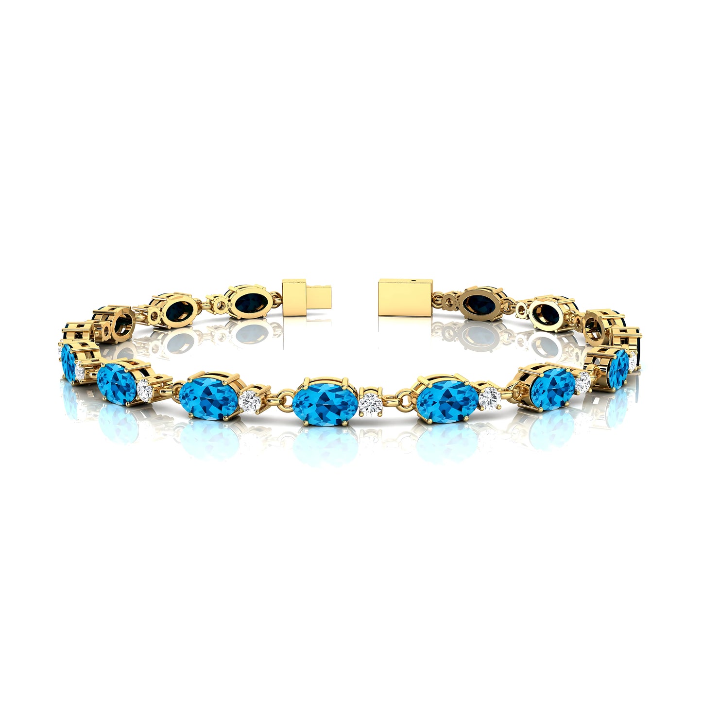 14K Pure Gold Oval Cut Swiss Blue Topaz With Round Real Diamonds Tennis Bracelet 2025 New Design Unisex Classic Tennis Bracelet