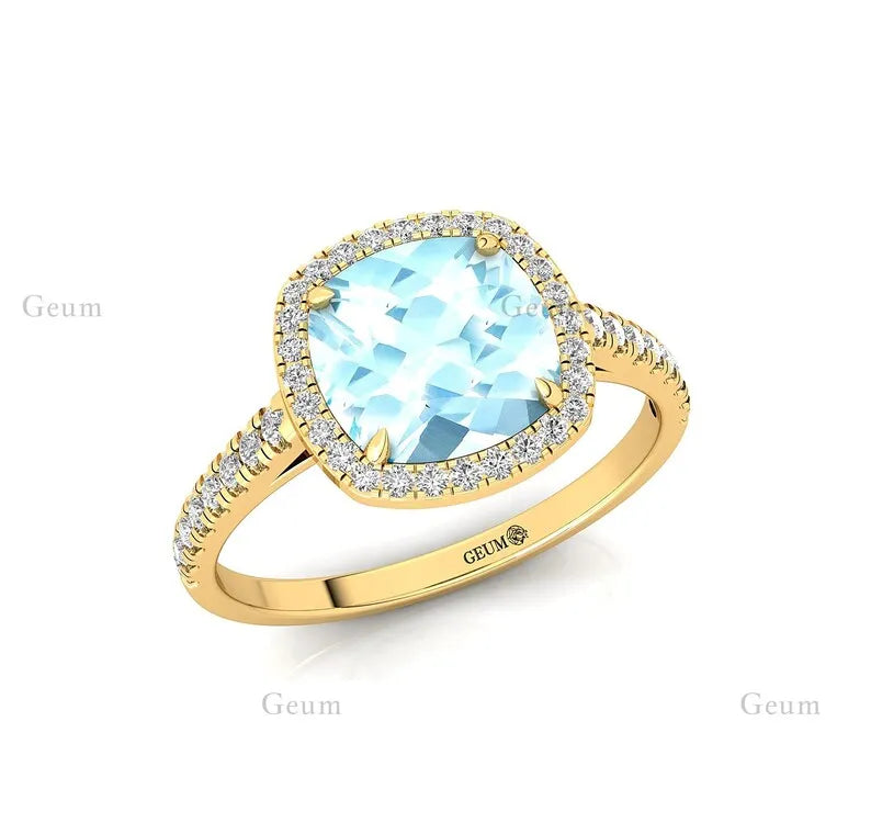14k Solid Gold Cushion Cut Aquamarine March Birthstone Wedding Bridal Party Fashion Ring for Women Classic Fine Jewelry