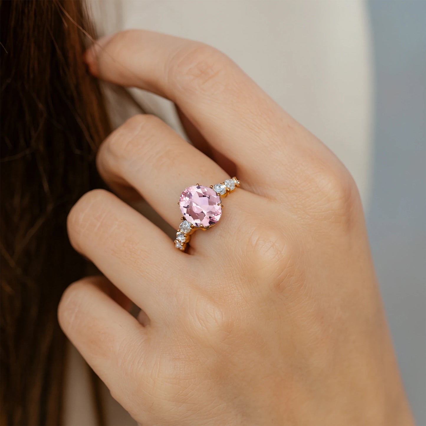 Luxurious 14k Solid Gold Cluster Rings Adorned Natural Morganite Gemstone 0.5ct Accent Diamond Pave Setting Unisex Ring