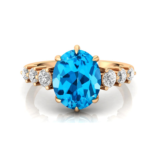 Charming 18K Pure Gold Wedding Engagement Rings Swiss Blue Topaz Gemstone Real Diamonds Classic Bridal Jewelry for Party