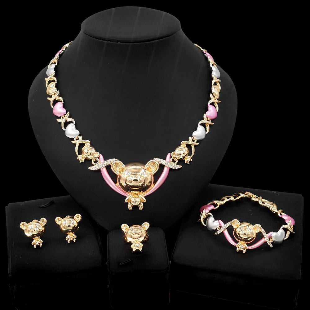 Zhuerrui Tricolor Gold Plated Diamond Teddy Bear Necklace Bracelet Ring Earrings Banquet Jewelry Set X0185
