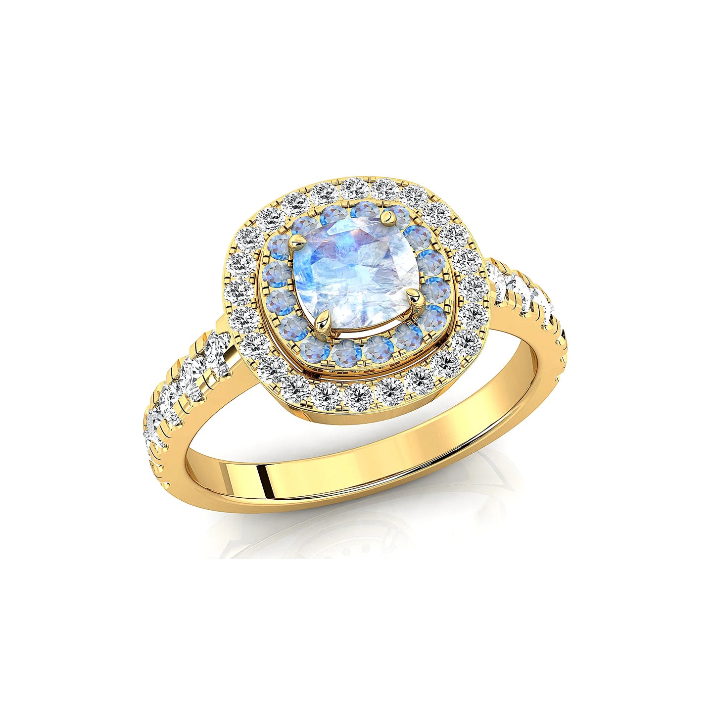 18k Solid Gold Rings Natural Rainbow Moonstone Cushion Cut Prong Set Double Halo Half Eternity Ring Band For Birthday Gift