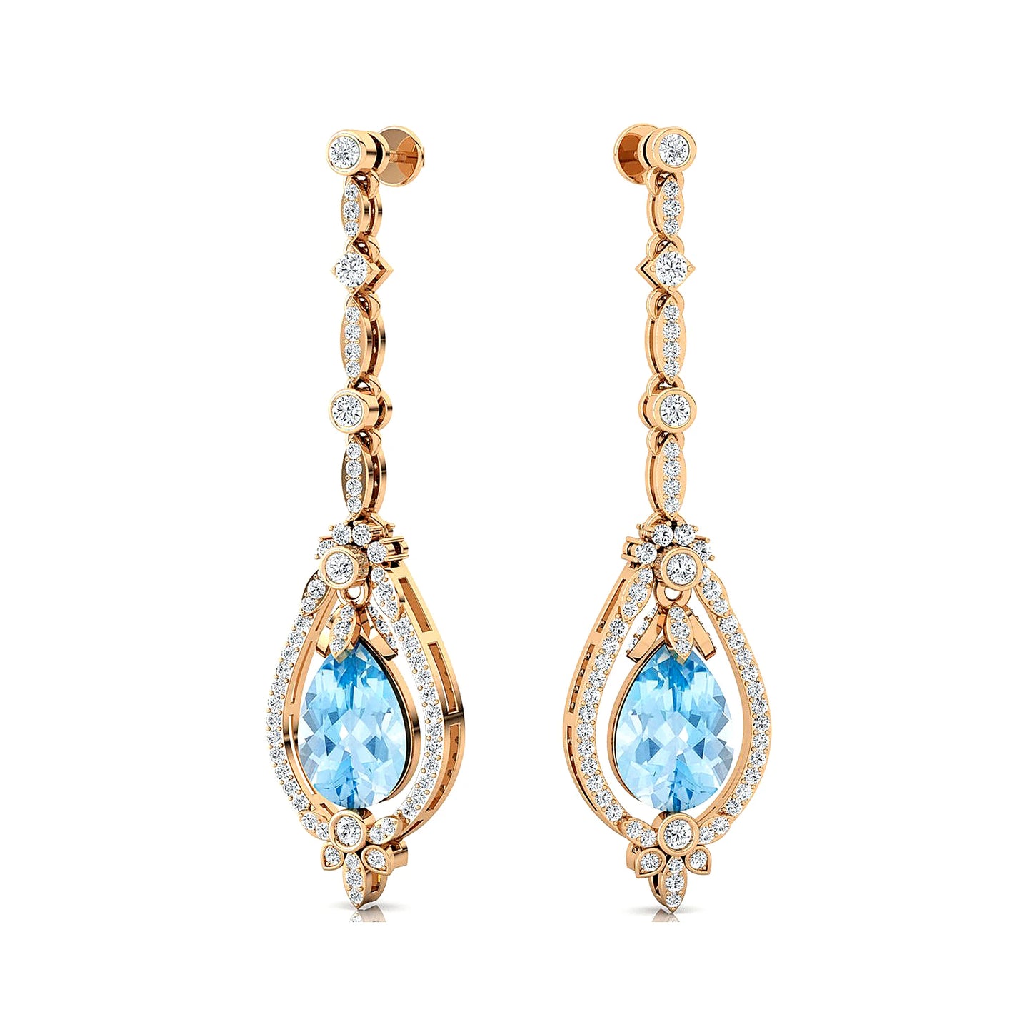 Solid Gold Women's Dangle Drop Earrings Natural Aquamarine Real White Diamond Wedding Engagement Party Gift Bulk ODM Rhodium