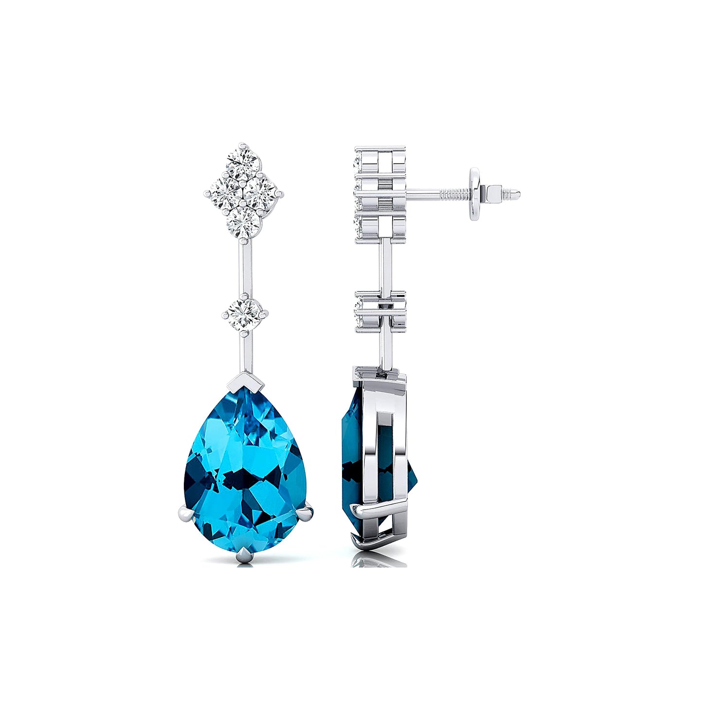 Solid 18k Gold Stud Earrings Pear Cut Natural Swiss Blue Topaz Gemstone Pave Diamonds Genuine Fine Earrings Jewelry Gift For Her