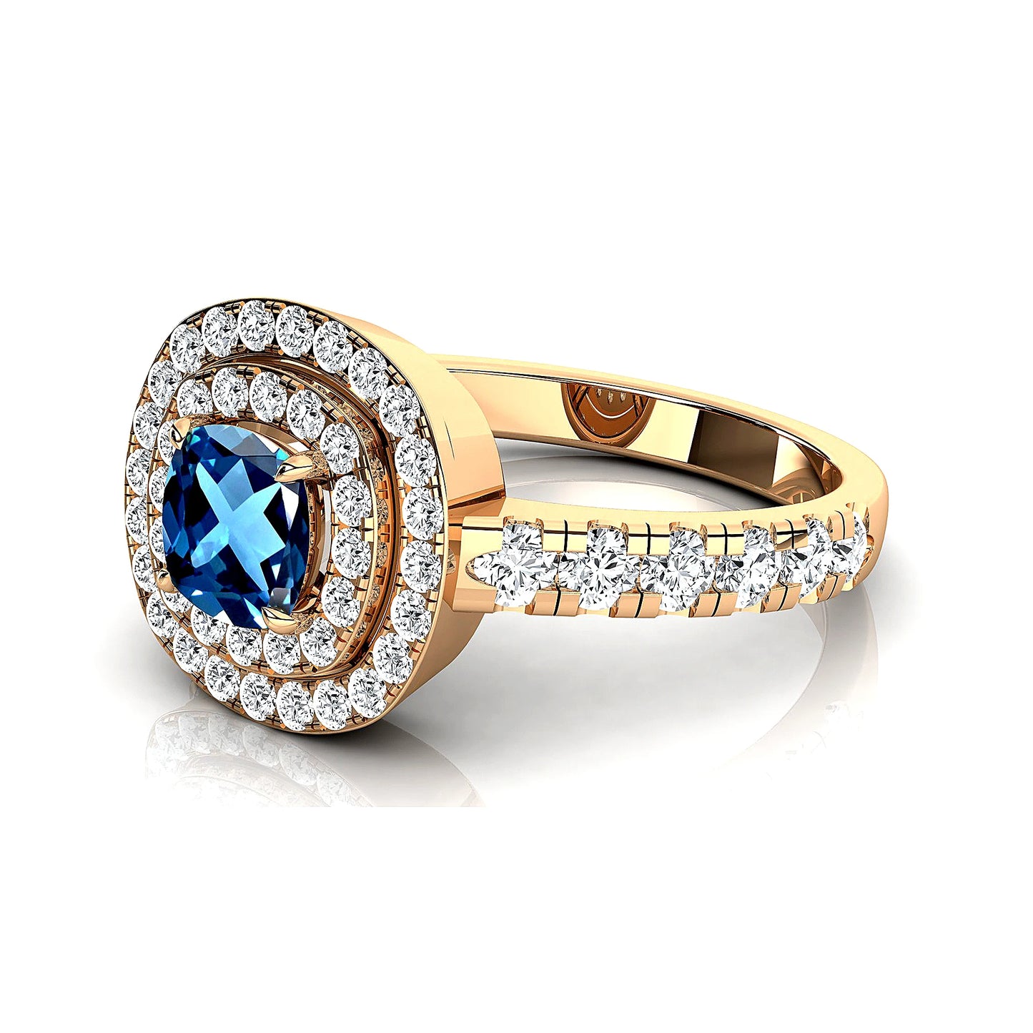 14k Solid Gold Rings Natural London Blue Topaz Real Diamonds Classic Wedding Halo Ring Rhodium Plated Women Jewelry Gift For Her