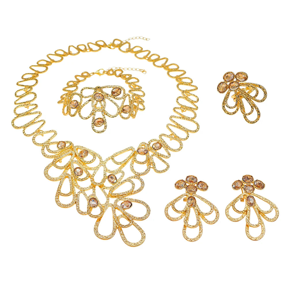 Zhuerrui Brazilian Gold Plated Jewelry Set Hollow Water Drop Floral Crystal Necklace Earrings Bracelet Ring Women Party I0001220