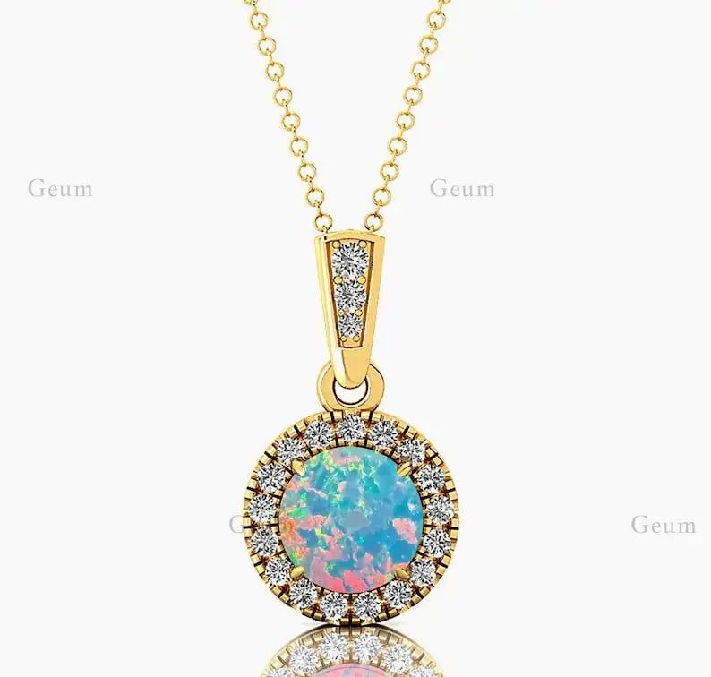 Brilliant Cut Ethiopian Opal Natural Luxurious 14k Rose Gold Rhodium Plated Cute Charm Pendant Necklace