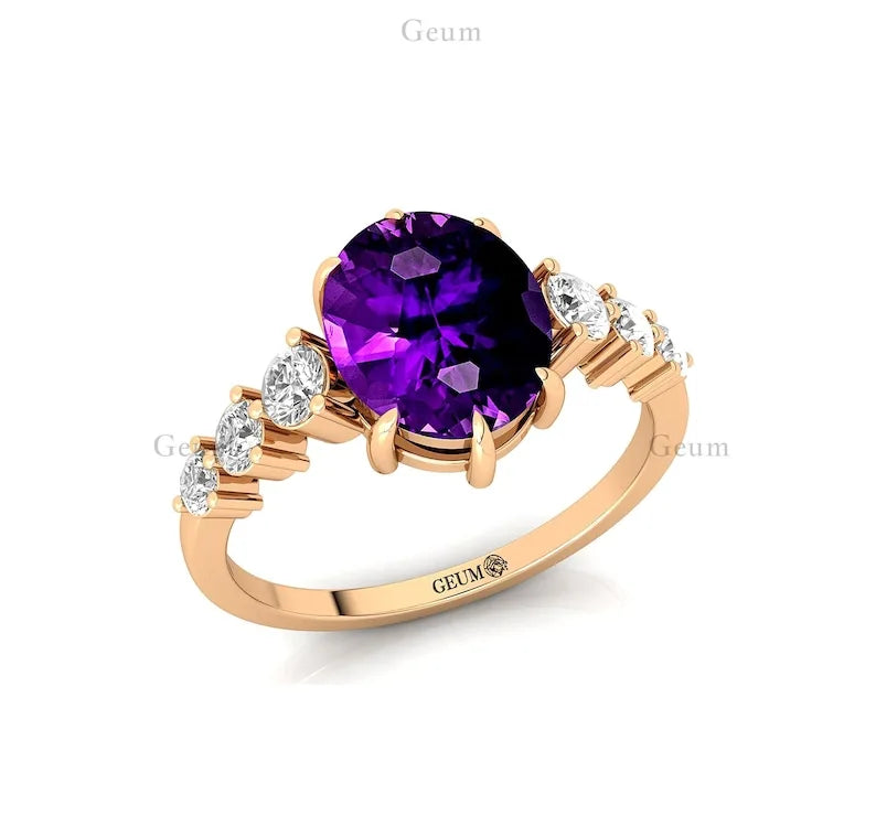 Solid 14k Yellow Gold Natural Amethyst Gemstone & Diamond Delicate Solitaire Wedding Anniversary Ring Handmade Fine Jewelry Bulk
